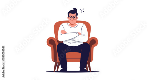 Grumpy man with glasses and crossed arms sitting in a large armchair looking annoyed and frustrated at something.