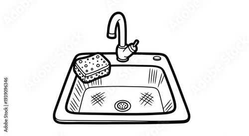 Clean Sink in Hand-drawn Style: A detailed illustration of a spotless sink, complete with a faucet and sponge, depicted in a classic hand-drawn style, suitable for various design projects and themes.