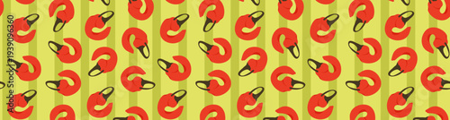 Seamless pattern with bright red hot chili peppers on a yellow striped background. Playful vector illustration of vegetables for kitchen textiles, digital paper, food packaging and wallpaper.