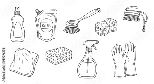 Cleaning essentials in graphic form: A minimalist illustration showcases a collection of essential cleaning tools, perfect for home maintenance and hygiene.