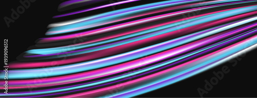 Abstract fluid lines, vibrant colors, dark background. Dynamic composition creates modern visual impact. Smooth gradients, flowing shapes.