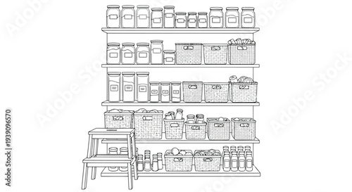 Organized Pantry: A tidy pantry showcases a well-organized collection of jars, containers, and boxes neatly arranged on shelves, complemented by a small wooden step stool.