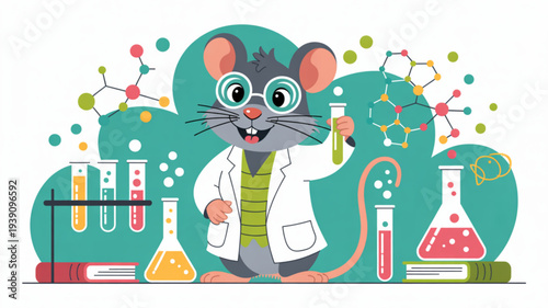 Curious mouse in lab coat conducts colorful science experiment with test tubes and beakers
