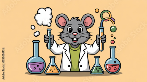 Curious cartoon mouse in lab coat conducts colorful science experiment with beakers and test tubes