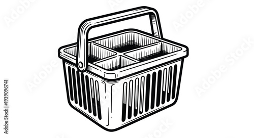 Picnic Basket: A detailed illustration of a picnic basket, featuring a handle for easy carrying and organized compartments for essentials, ready for an outdoor feast.