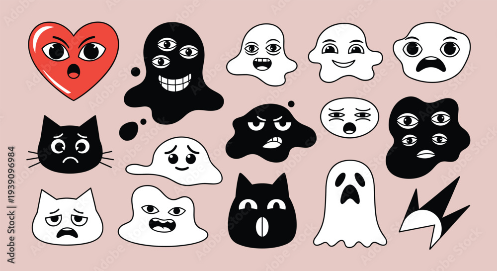 Obraz premium Fun set of quirky stickers featuring ghosts, cats, a heart, and various abstract blob characters with different expressions.