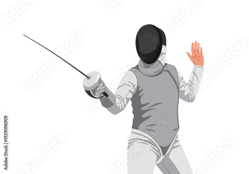 Fencer in action holding sword and signaling with hand in fencing stance illustration