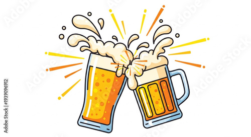 Two glasses of beer clinking together with foam splashing.