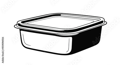 Food Container in Monochrome: A simple and elegant black and white illustration of a food container, a staple for storing food items. The design is sleek, functional.