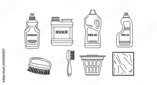 Cleaning Supplies Illustration: A collection of various cleaning supplies, arranged to showcase the essential tools for maintaining a clean and fresh environment.