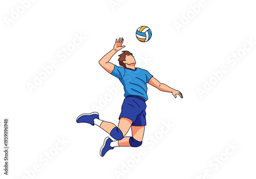 Man in mid-air, jumping to hit volleyball with blue uniform and blue shoes, dynamic sports action illustration