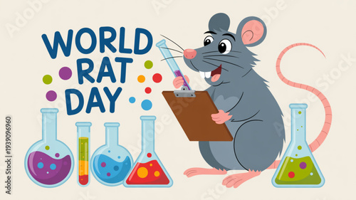 Cartoon rat in lab with beakers on world rat day celebrating science and rodents with colorful test tubes