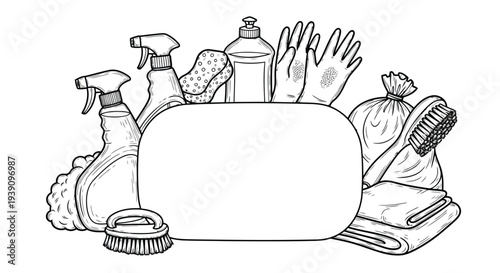 Clean Home Essentials: An illustration of a collection of cleaning supplies surrounds a central space, ready for the user's message. Emphasizing the tools needed to keep a home spotless.
