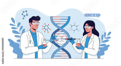 Male and female scientists in lab coats working with a large DNA double helix model and chemical flasks in a blue lab.