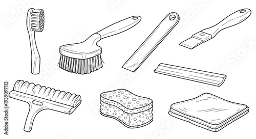 Cleaning Tools Collection: A curated collection of essential cleaning tools, artfully arranged to showcase their functionality and design