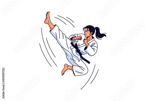 Young martial artist in white uniform performing karate kick with focus and determination in an illustration