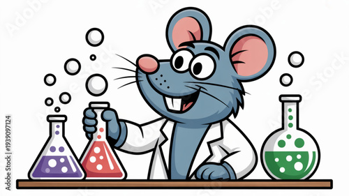 Cartoon mouse scientist in lab coat conducting colorful chemistry experiment with beakers and flasks on laboratory table