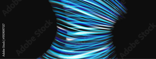 Abstract sculpture. Blue, silver lines create flowing form. Dark background emphasizes dynamic curves, modern aesthetic.