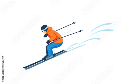 A skier in an orange jacket skiing down a snowy slope with ski poles in hand from a high vantage point