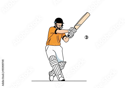 A cricketer in action, swinging a bat at an incoming ball on a cricket pitch, viewed from the side.