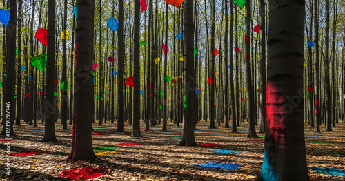 A vibrant forest installation features colorful umbrellas suspended amongst tall trees their hues mirrored on the forest floor below high quality professional detailed modern elegant stylish