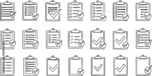 Hand-Drawn Doodle Clipboard Checklist Icons Set with Check Marks. Vector Outline Sketch Collection for Task Completion, Success, Approval, and To-Do List Concepts.