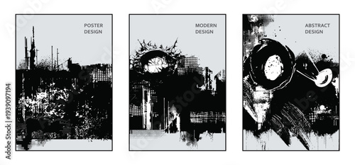 Grunge collage frame set, distressed halftone and glitch texture vector collection. 