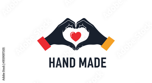 Graphic logo with the text hand made below two dark hands forming a heart shape with a small red heart in the center.
