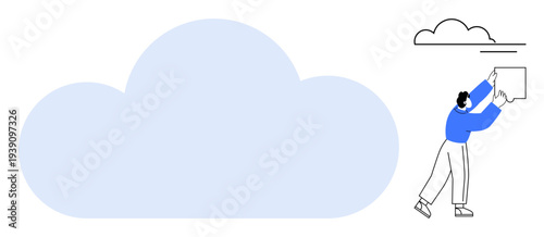Cloud storage concept. A person interacts with a large cloud icon, data upload and storage. Cloud storage simplifies access, sharing, and protection of digital files. For IT, data management, file
