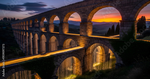 A breathtaking view of the illuminated aqueduct of park of the monsters at dusk with a vibrant orange and purple sunset sky high quality professional detailed