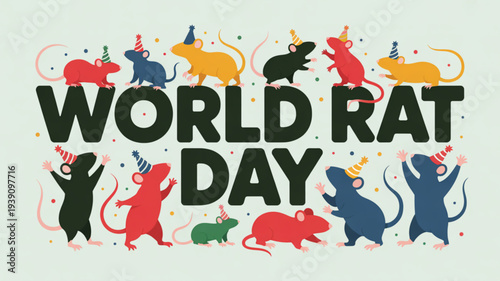 Colorful rats celebrate world rat day with party hats and confetti on light background
