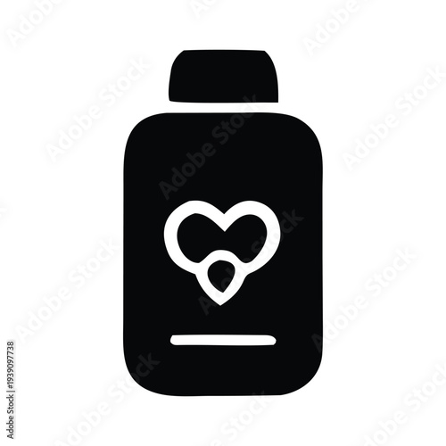Minimalist black silhouette icon of a health and wellness bottle featuring a symbolic heart design, representing care, vitality, and essential life support products