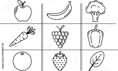 Nine minimalist fruit and vegetable line icons. Apple, banana, broccoli, carrot, grapes, bell pepper, orange, strawberry and leaf vector outline elements isolated on white background