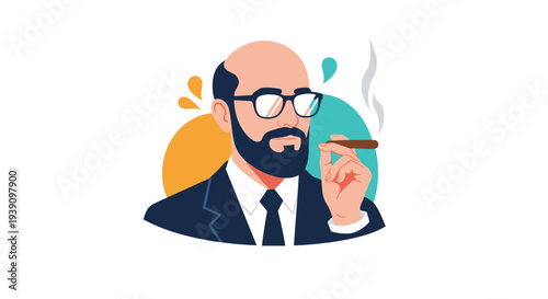 Fashionable sophisticated bald man with a beard and glasses wearing a dark suit and tie while smoking a long cigar.