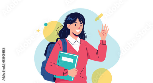 Smiling female student waving hello while holding a notebook and wearing a backpack on a colorful abstract background.