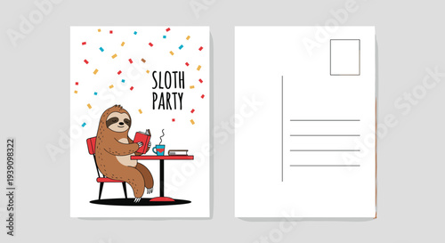 Whimsical postcard design featuring a cute sloth sitting at a red table reading a book and drinking coffee with confetti.