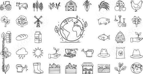 Agriculture and Farming Doodles Line Icons Set. Collection of Outline Symbols for Farm, Garden, Nature, Food, Harvest, and Rural Life.