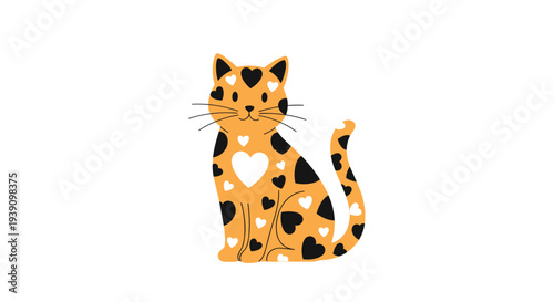 Adorable orange cat character covered in black and white heart shaped spots sitting calmly on a plain white background.