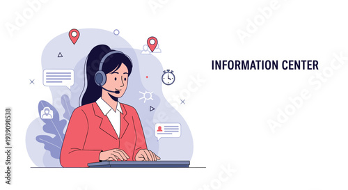 Friendly female customer service representative with a headset working at an information center desk with digital icons around.