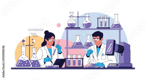 Two professional scientists in white lab coats conducting experiments with chemicals and equipment in a modern laboratory setting.