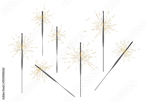 Sparklers creating a dazzling display of golden light and sparks against a white background, perfect for celebrations