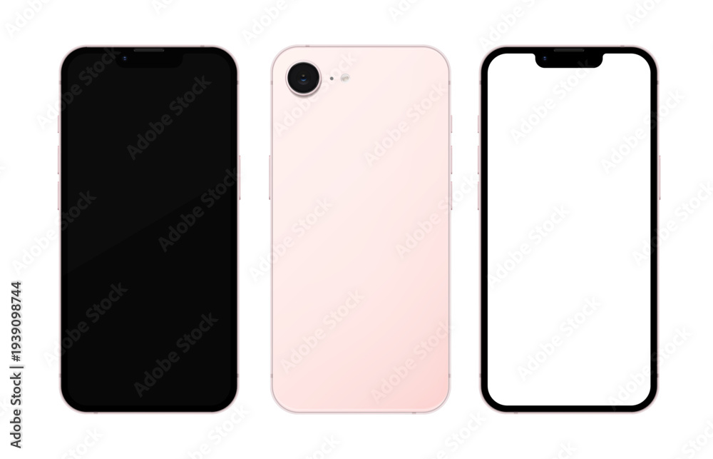 Fototapeta premium Detailed pink mobile phone mockup. Front and rear view isolated on transparent background. Vector PNG 