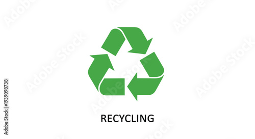 Universal green recycling symbol with three arrows in a triangle shape and the word recycling written in bold black letters.
