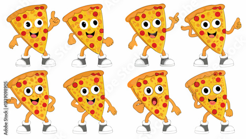 Cartoon pizza slices with faces and limbs playfully gesturing and smiling