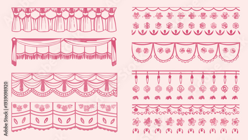 Vintage curtain and floral border illustrations in shades of pink