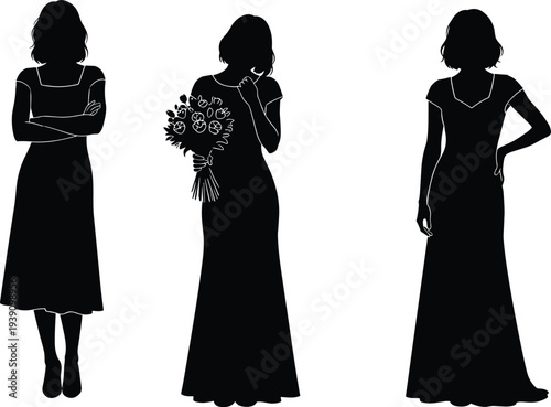 Black silhouette collection of three elegant women in evening gowns and dresses posing with flowers for fashion and wedding design