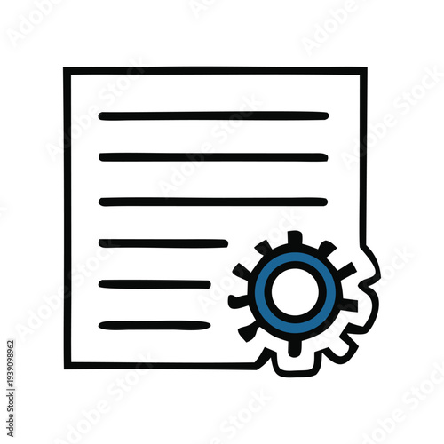 Concept illustration of a document with a prominent blue gear symbol, ideal for depicting content configuration, file management, system settings, or process optimization tasks