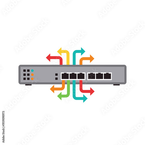 Network switch with colorful arrows illustrating data flow