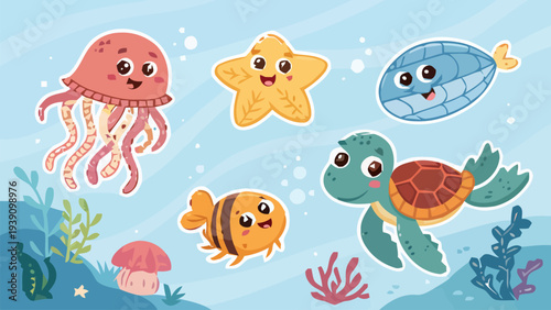 Colorful cartoon ocean animals swimming underwater with coral and seaweed