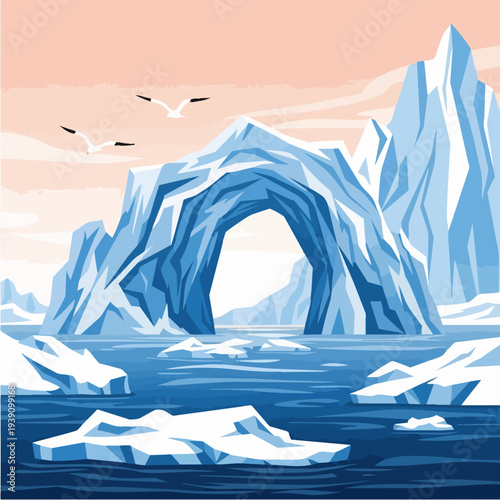 Arctic landscape with icebergs and archway formation.